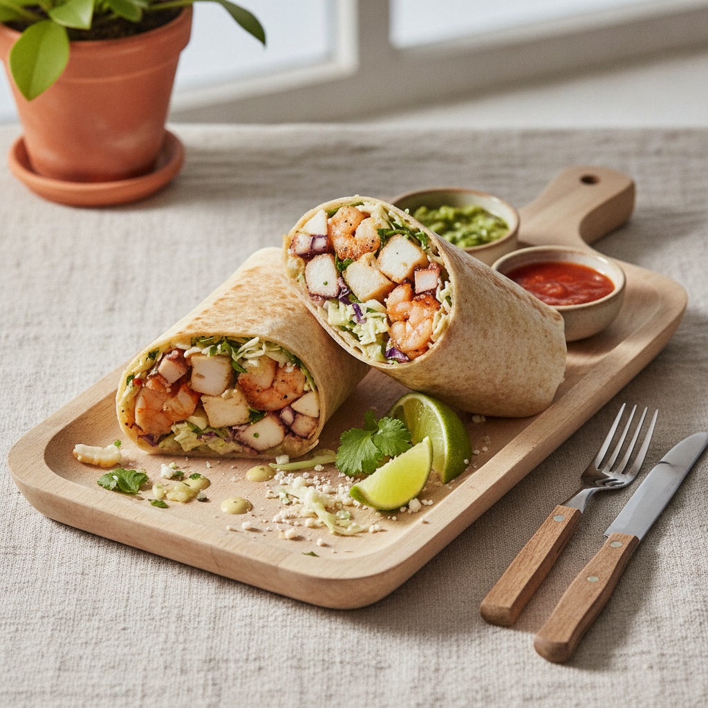 Top view Seafood Burritos